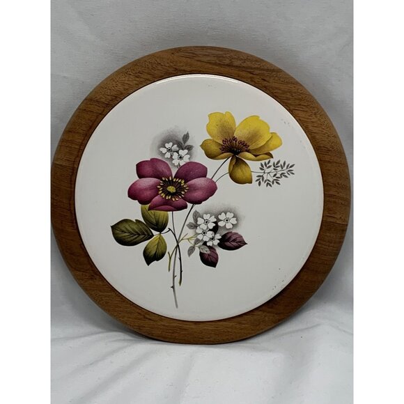 Wood Trivet with Ceramic Purple and Yellow Floral Trivet Giftwood Inc Tenn - Picture 1 of 5